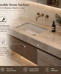Slick And Fly Wall Mounted Bathroom Vanity With Undermount Sink And Integrated Makeup Station featuring durable stone surface and brass fixtures.