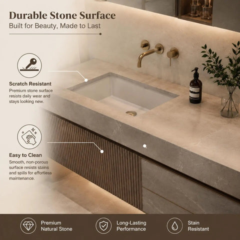 Slick And Fly Wall Mounted Bathroom Vanity With Undermount Sink And Integrated Makeup Station featuring durable stone surface and brass fixtures.