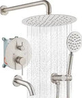 Shower System With Tub Spout Wall Mount Three Function Rough In Valve Bathtub Faucets Set Complete Easy Install Rain 10 Inch Round Showerhead Trim Kit With Handheld Brushed Nickel