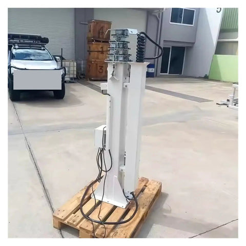 Electric Hydraulic Telescopic Mast Built From Heavy Duty Aluminum With Plug And Play Quick Deploy setup on a wooden pallet.