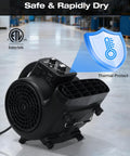 Air Mover Blower Fan 2000 CFM, One Third HP Workhorse Carpet Dryer with timer on industrial shop floor, angled view, black