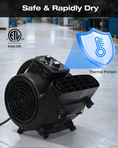 Air Mover Blower Fan 2000 CFM, One Third HP Workhorse Carpet Dryer with timer on industrial shop floor, angled view, black