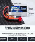 3S 2200mAh Shorty LiPo Battery 11.1V 50C With T Connector for RC Cars and Drones, dimensions and weight details shown