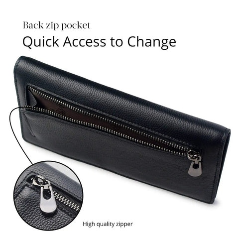 Back view of Ultra Slim Leather RFID Blocking Card Holder Wallet For Women Bifold Clutch Style with zip pocket detail.