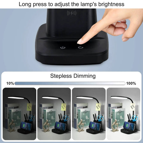 Close-up of a dimmable LED desk light control panel, black color, showing stepless dimming feature with wireless charging and pen holder.