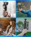 Four images showing a Handheld Battery Mount With 10000mAh Power Bank Charger for action cameras, used in outdoor settings.