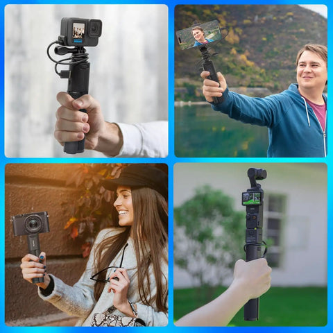 Four images showing a Handheld Battery Mount With 10000mAh Power Bank Charger for action cameras, used in outdoor settings.
