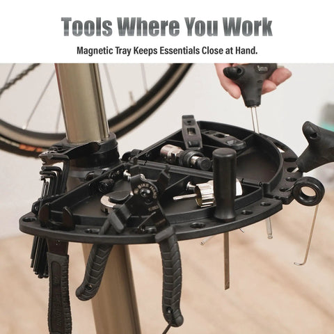 Lightweight Aluminum Bike Repair Stand with magnetic tray for tools; ideal for Mountain MTB and Road Bikes, height adjustable 39-59 inches