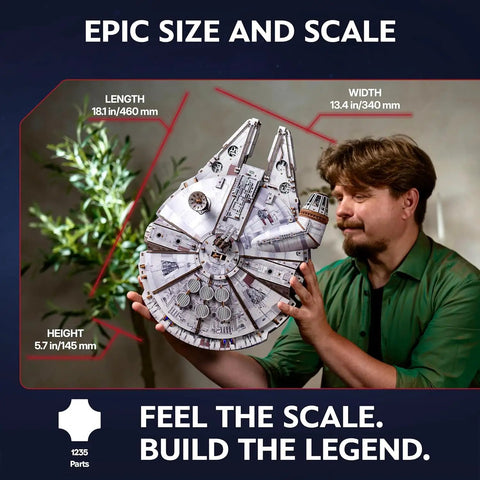 Millennium Falcon 3D Wooden Puzzle Kit With Lit LED Hyperdrive Glow DIY Mechanical Model 3D Brain Teaser For Adults shown with 18.1 in scale