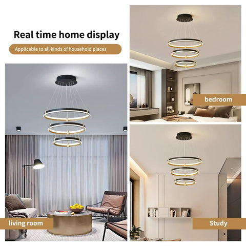 Dope Modern LED Chandelier Pendant Light in living room, bedroom, study, 90W dimmable black 3-ring acrylic fixture, remote control