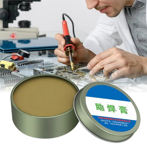 Technician using Pro Grade No Clean Solder Flux Paste for Electronics and PCBs, Fast Flow Control and Wetting for Clean Joints
