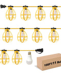 Rugged 100 Ft Construction String Lights With 11 Bulbs, 100W, E26 Base, 8000 Lumens Daylight 6500K, IP65 rating shown in image