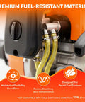 Dope Four Size Fuel Line Hose Kit For 2 Cycle Small Engines connected to an orange engine, premium fuel-resistant yellow tubing