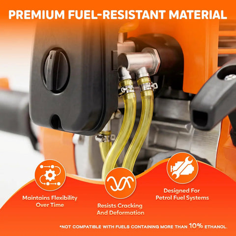 Dope Four Size Fuel Line Hose Kit For 2 Cycle Small Engines connected to an orange engine, premium fuel-resistant yellow tubing