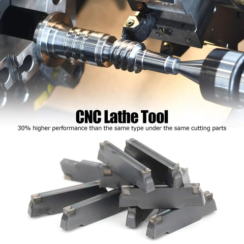 Indexable Carbide Lathe Turning Inserts, 10 Piece Solid Carbide Cutting Tool Set displayed with lathe machining steel