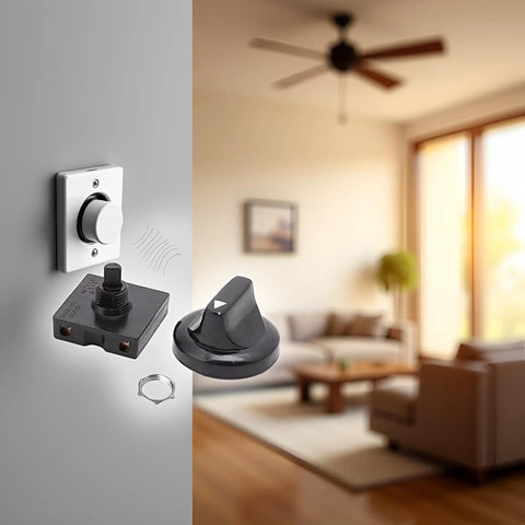 Wall-mounted four position three speed ceiling fan rotary switch with button off control in a living room setting.