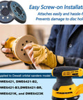 Person holding Two Pack Five Inch Eight Hole Hook And Loop Sanding Pad Replacement For DeWalt Orbital Sanders Built Tough For Real DWE6421 DWE6423 DCW210B N329079 6421K 6423K Compatible Backing Pad next to sander.