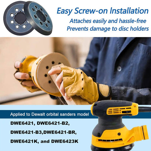 Person holding Two Pack Five Inch Eight Hole Hook And Loop Sanding Pad Replacement For DeWalt Orbital Sanders Built Tough For Real DWE6421 DWE6423 DCW210B N329079 6421K 6423K Compatible Backing Pad next to sander.