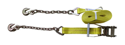 Heavy Duty 2 Inch By 27 Foot Ratchet Tie Down With Chain End And Grab Hooks 10000 Lbs Break Strength Yellow Strap