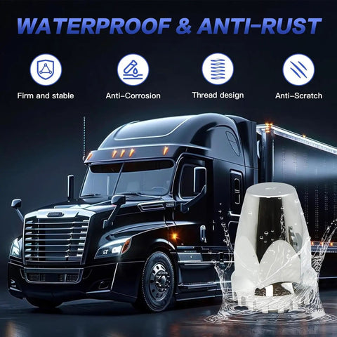 60Pcs Semi Truck Lug Nut Covers Chrome 33mm ABS Plastic Anti Rust Push On Wheel Nut Caps For Semi Trucks Trailer Heavy Duty Nut Cap Set That Shields Lug Nuts And Wheels From Rust Corrosion And Harsh Weather with a semi truck background.