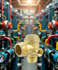 Heavy Duty 3 Port Brass Air Compressor Check Valve For Garage And Workshop Use Tough As Nails Pneumatic Replacement Part with brass finish.