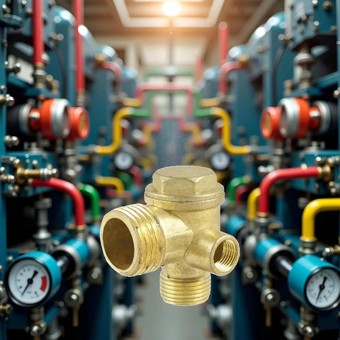 Heavy Duty 3 Port Brass Air Compressor Check Valve For Garage And Workshop Use Tough As Nails Pneumatic Replacement Part with brass finish.