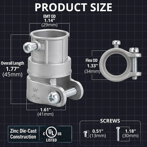 Three Quarter Inch EMT To Flex Squeeze Combination Coupling Set Five Durable Zinc Die Cast With Set Screw Locking For Vibration Resistance And Rust Proof Performance In Dry Or Damp Applications, with dimensions