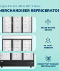 Eighty Inch Bulletproof Build Three Door Glass Merchandiser Refrigerator With Bright Led Lighting And Etl Certified Stainless Steel Exterior viewed from the front.