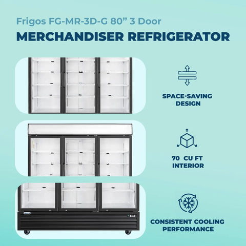 Eighty Inch Bulletproof Build Three Door Glass Merchandiser Refrigerator With Bright Led Lighting And Etl Certified Stainless Steel Exterior viewed from the front.