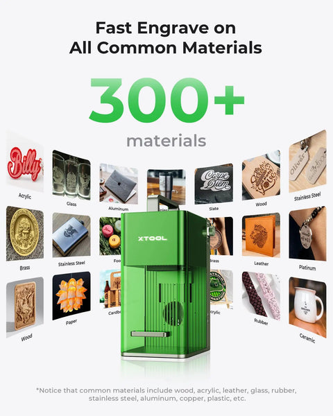Dual Laser Engraver 2 In 1 Portable System With Lightning Fast 4000mm Per Second Speed for Jewelry Metal Wood Leather and More Practical Engraving Machine for Home Shop and Small Business, shown with various engravable materials.