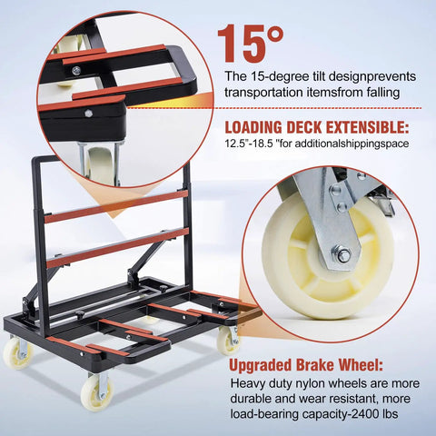 This Workhorse Heavy Duty Drywall Moving Cart With 2400 Lbs Capacity Folding Panel Dolly Adjustable Height And 6 Inch Wheels showcasing tilt and wheels.