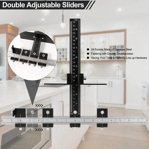 Pro Grade Aluminum Cabinet Hardware Jig For Precise Door And Drawer Installations shown with double adjustable sliders.