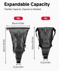 Expandable 13L-15L Waterproof Bikepacking Saddle Bag for Road, Mountain, and E-Bikes with Roll-Top Closure, side view