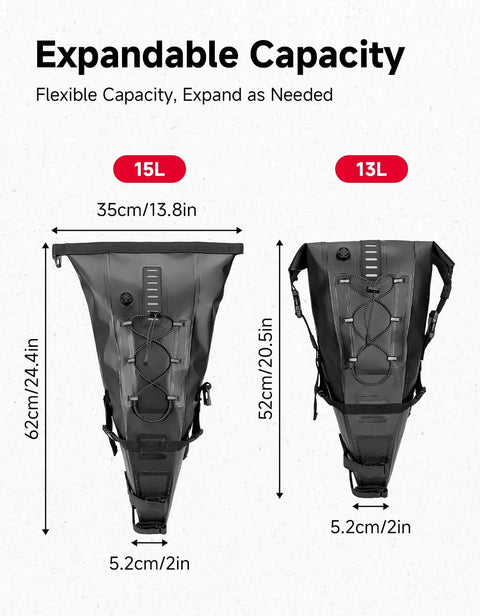 Expandable 13L-15L Waterproof Bikepacking Saddle Bag for Road, Mountain, and E-Bikes with Roll-Top Closure, side view