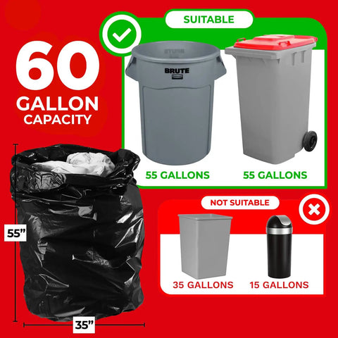 Beefy 55 Gallon Contractor Trash Bags 2 Mil Thick Heavy Duty Drum Liners For Industrial And Commercial Use Tear Proof Puncture Resistant Black Garbage Bags Made In USA showing suitable 55 gallon bins