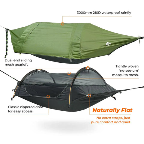 Flat Lay Camping Hammock Tent With Mosquito Net And Rain Fly 3 In 1 Waterproof Lightweight Portable Sleeping Hammock with rainfly and mosquito net, featuring dual-end mesh gearloft.