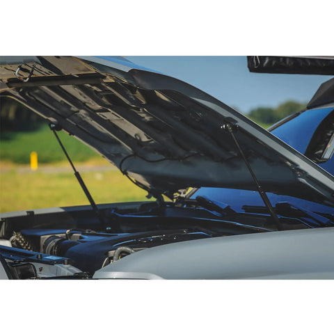 Toyota Tacoma Hood Lift Kit With Hydraulic Hood Assist installed showing hood open without prop rod