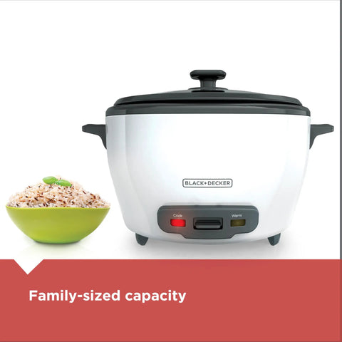 Rice Cooker With 6 Cup Cooked Capacity, No Fuss Steaming Basket And Removable Nonstick Bowl, Auto Keep Warm, shown with rice