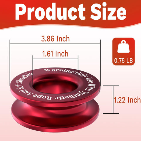 Heavy Duty Winch Snatch Recovery Ring 66,000 Lbs Break Strength Snatch Block Ring For Soft Shackle And Synthetic Rope Compatible With ATV UTV SUV Truck Off Road Vehicles Red displayed with dimensions 3.86 inches diameter, 1.61 inches center hole, 1.22 inches height, 0.75 pounds weight.