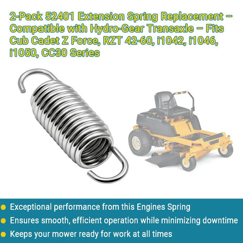 2-Pack 52401 Lawn Mower Extension Spring For Transaxle Systems On Zero Turn Mowers Heavy Duty Tension Restore Replaces Worn Linkage Fits A Wide Range Of Models And Series Including RZT I1042 I1046 I1050 CC30 And More. chrome steel extension spring for zero turn mower transaxle