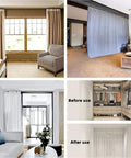 Heavy Duty Aluminum Curtain Track Ceiling Mount Glides Smoother Than Butter Built Rock Solid With Silent Rollers And Double Soundproofing For Zero Fuss Room Divider Installations Champagne Finish showing room dividers in various rooms.