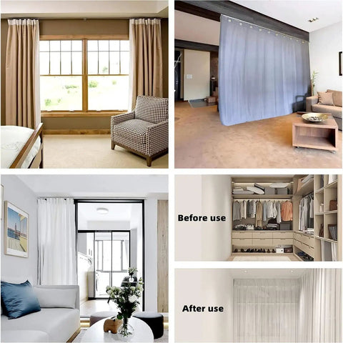 Heavy Duty Aluminum Curtain Track Ceiling Mount Glides Smoother Than Butter Built Rock Solid With Silent Rollers And Double Soundproofing For Zero Fuss Room Divider Installations Champagne Finish showing room dividers in various rooms.