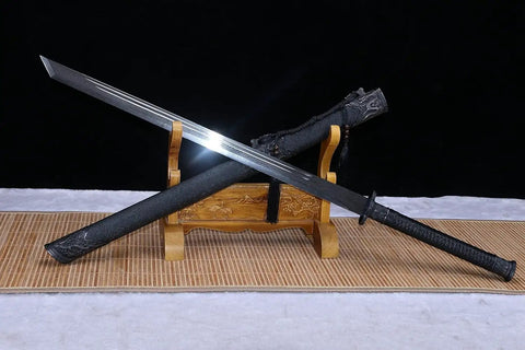 Beefy Damascus Tang Dao Sword With Black Gold Finish Hand Forged In China Real Premium Blade displayed on wooden stand