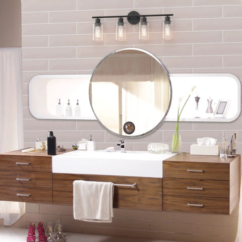 Matte Black 4 Light Vanity Light Over Mirror Dope Modern Sconce With UL Certified E26 Base in a modern bathroom setting