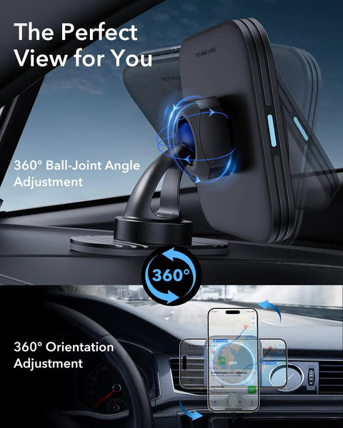 MagSafe Car Mount Charger With 15W Wireless Charging For Air Vent Dashboard Phone Holder showing 360° rotation in car view