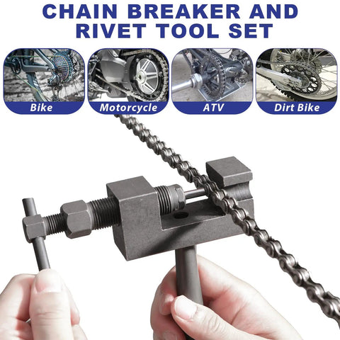 Heavy Duty Chain Breaker And Rivet Tool Set 19 Piece Chain Link Cutter Kit for motorcycles, bikes, ATVs, UTVs with chain.
