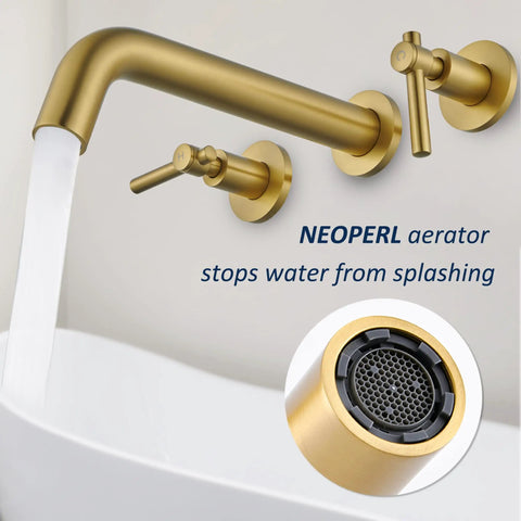 Two Handle Widespread Wall Mount Bathtub Faucet In Brushed Gold Solid Brass Tub Faucet With 3 Hole Rough In Valve And 9.8 Inch Spout