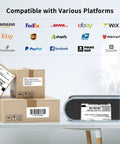 Bluetooth Thermal Label Printer With Built In Paper Bin Wireless Shipping Label Printer for iOS Android Windows Mac ChromeOS USB or Bluetooth Connection Ideal for Etsy Shopify USPS and Small Biz shown with boxes and compatible platforms logos.