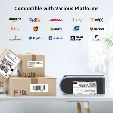 Bluetooth Thermal Label Printer With Built In Paper Bin Wireless Shipping Label Printer for iOS Android Windows Mac ChromeOS USB or Bluetooth Connection Ideal for Etsy Shopify USPS and Small Biz shown with boxes and compatible platforms logos.