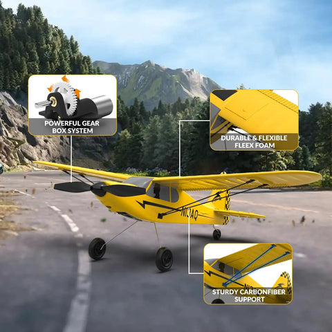 Sport Cub RC Plane Trainer No Brainer To Fly With 3 Flight Modes 6 Axis Gyro Stabilizer Prop Saver RTF For Beginners And Adults 400mm Yellow Ideal For Indoor Outdoor Practice showing features like powerful gearbox system, durable FLEEX foam, and carbon fiber support.